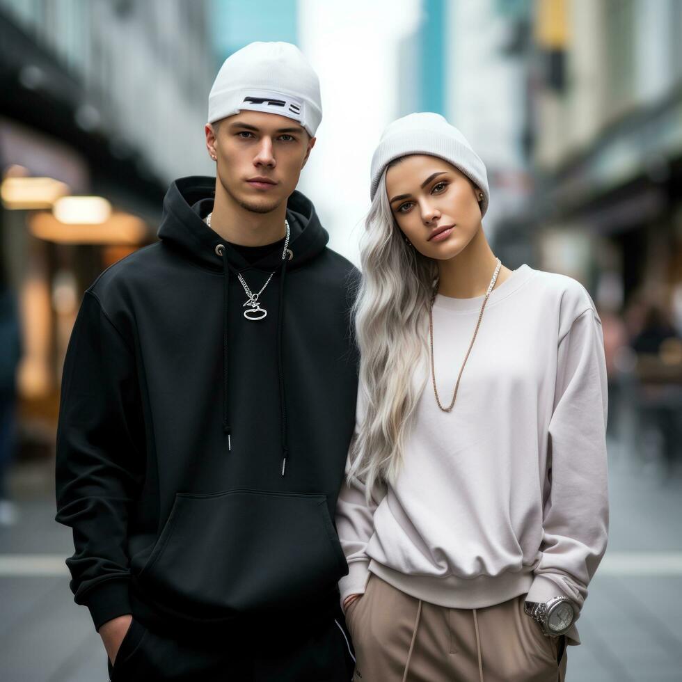 Young couple in trendy streetwear photo
