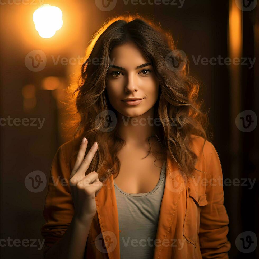 Woman with finger pose and looking at camera. She is looking at the camera with shock. Indoor studio shot. photo
