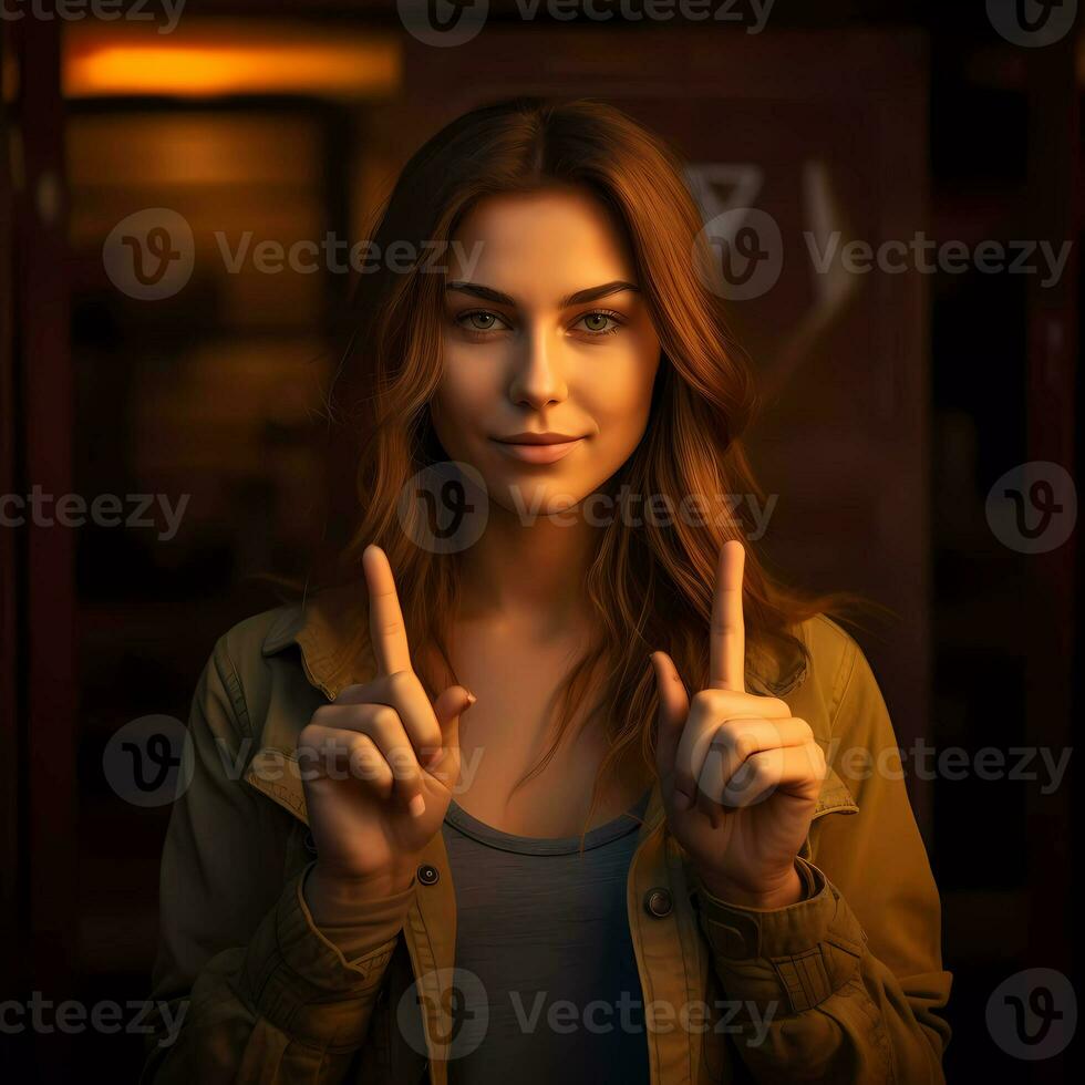 Woman with finger pose and looking at camera. She is looking at the camera with shock. Indoor studio shot. photo