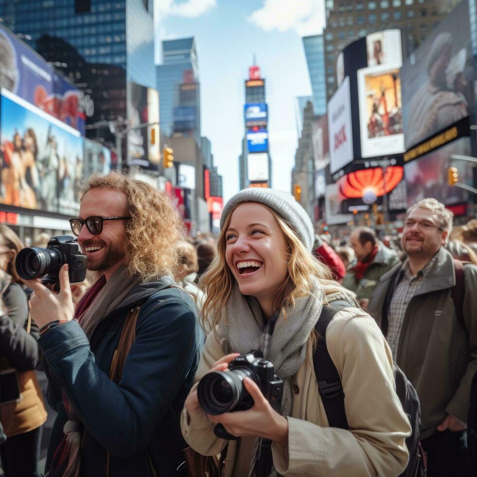 Tourists snapping photos in busy city