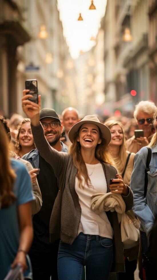 Tourists snapping photos in busy city
