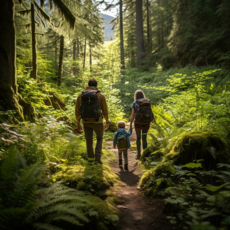 Family hiking through lush forest photo