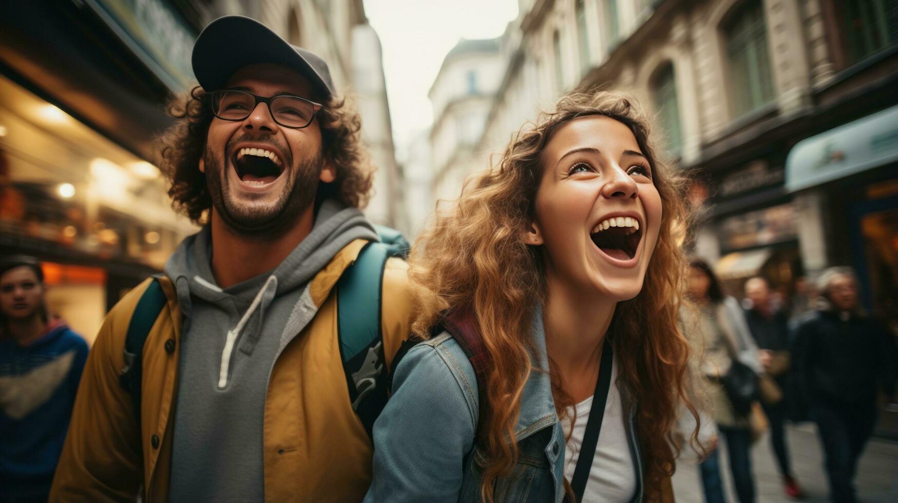 Excited tourists capturing urban sights and sounds photo