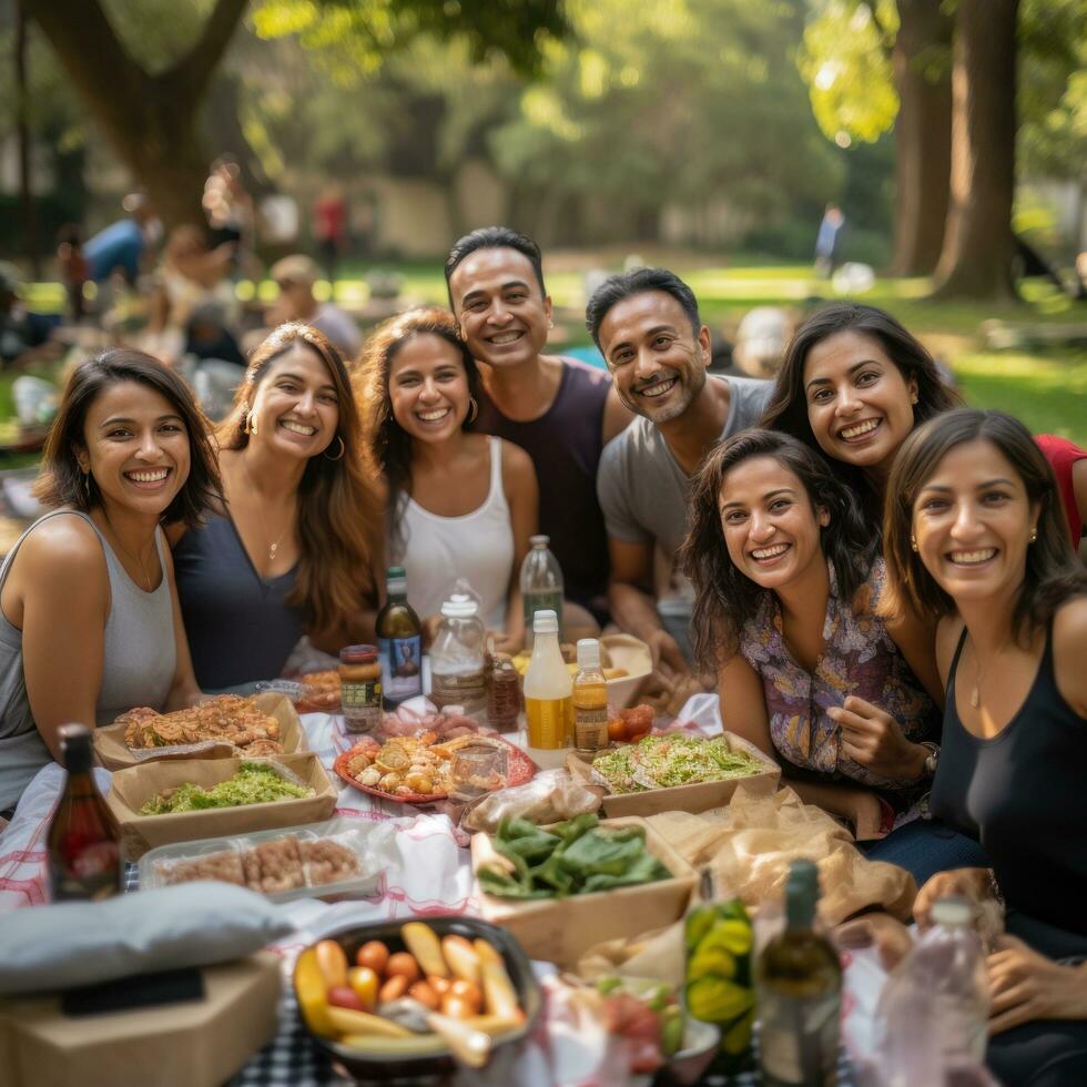 lleno de diversión picnic con bueno empresa foto