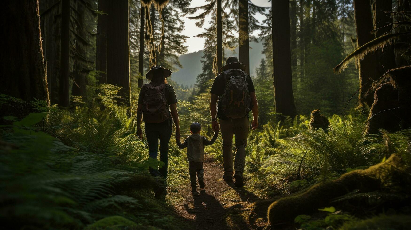 Family hiking through lush forest photo