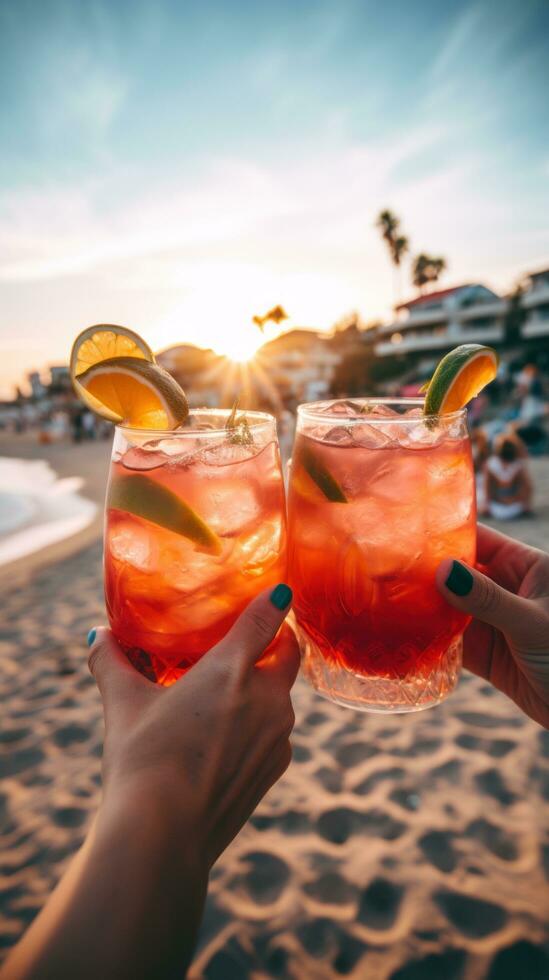 Friends cheering with cocktails on the beach photo