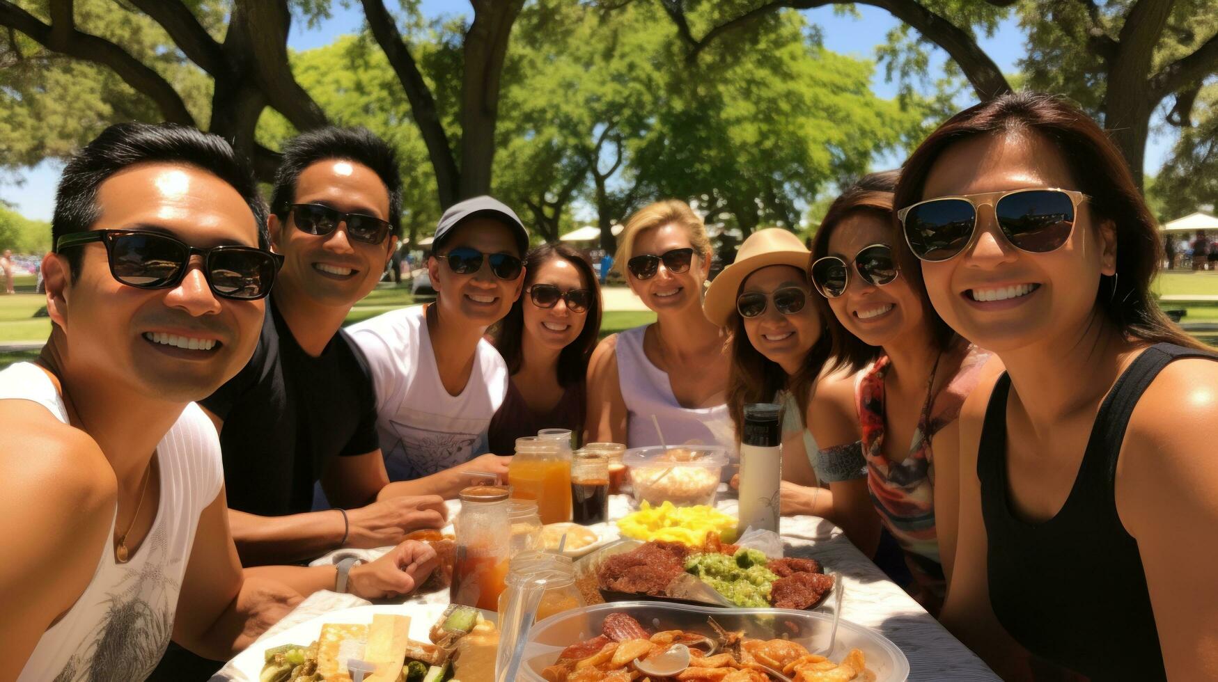 lleno de diversión picnic con bueno empresa foto