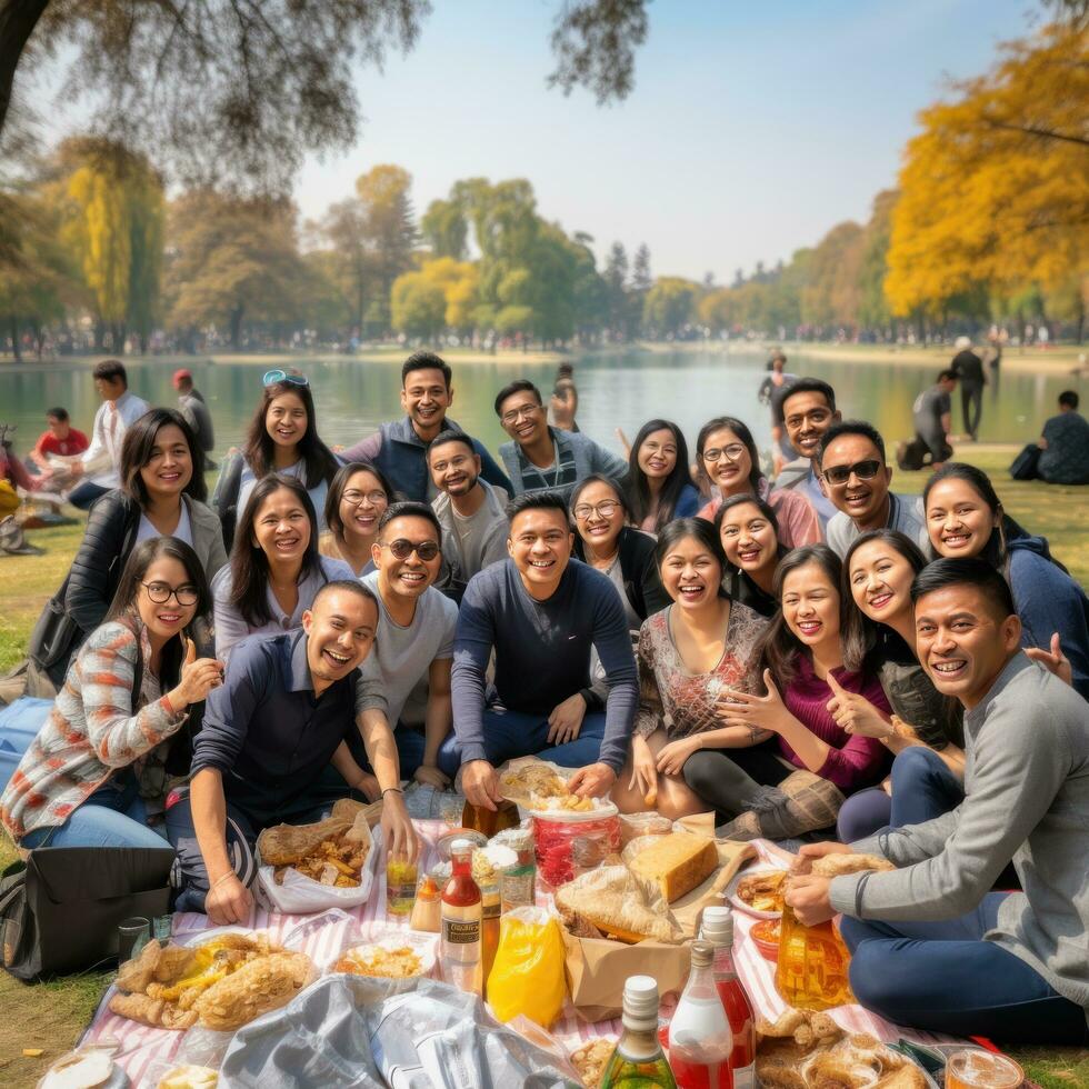 lleno de diversión picnic con bueno empresa foto