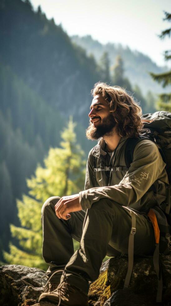 Backpacker taking a break on mountain trail photo