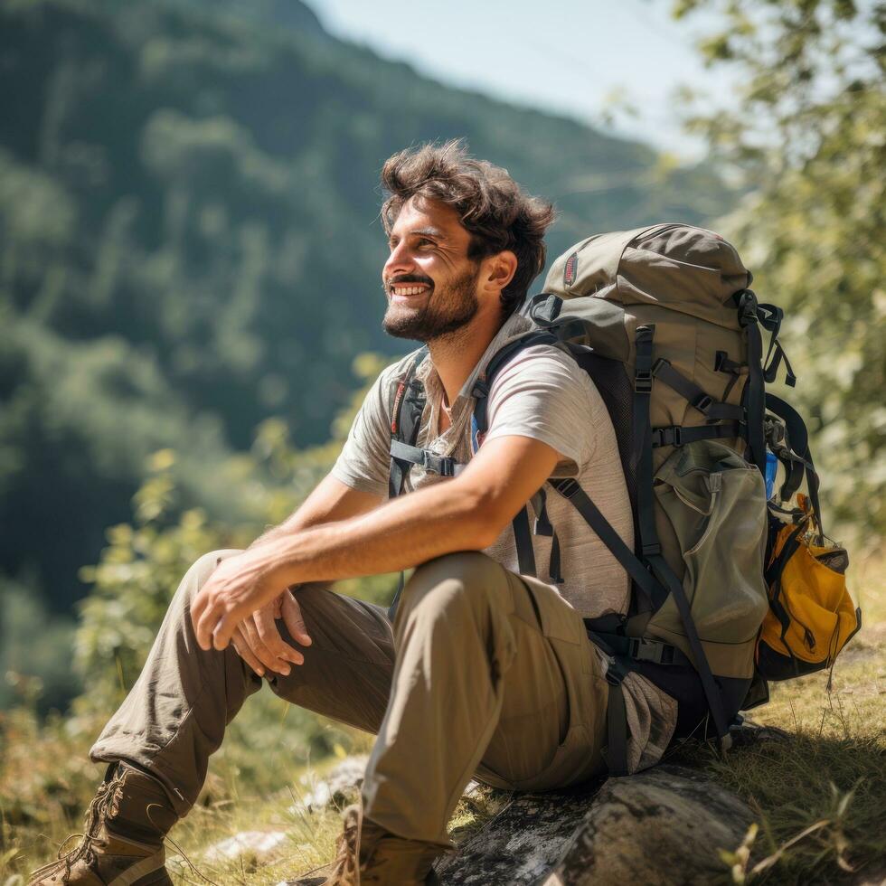 mochilero tomando un descanso en montaña sendero foto