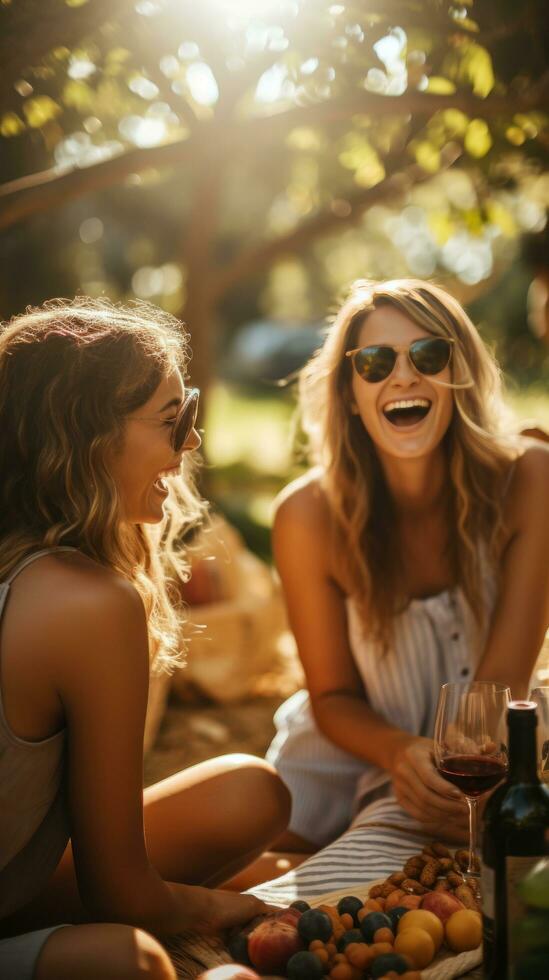 Friends laughing and enjoying outdoor picnic photo