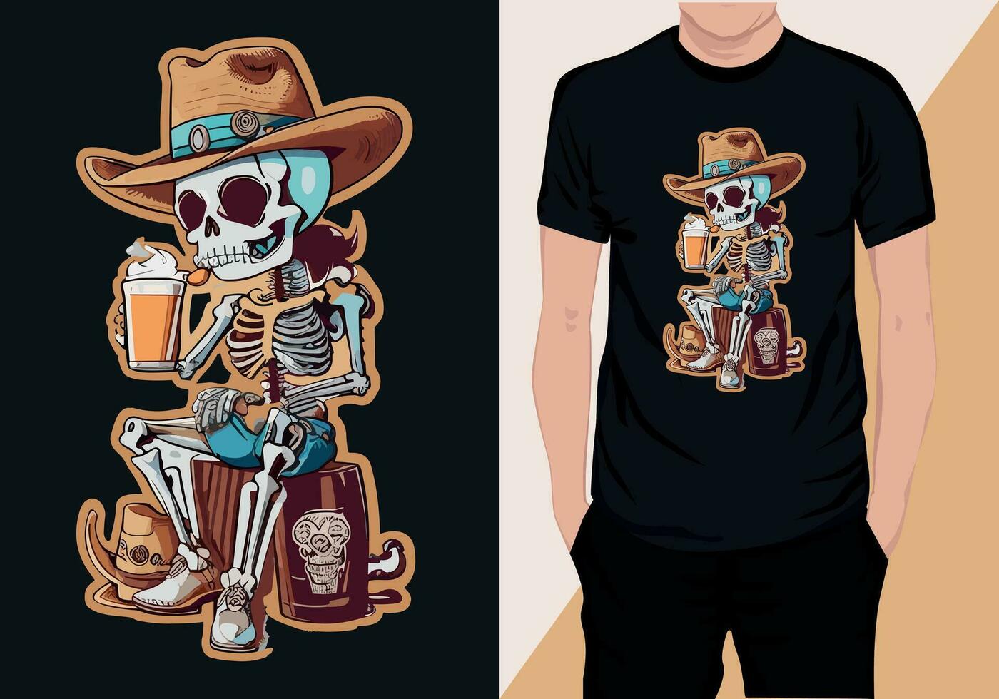 skeleton with coffee t-shirt design vector