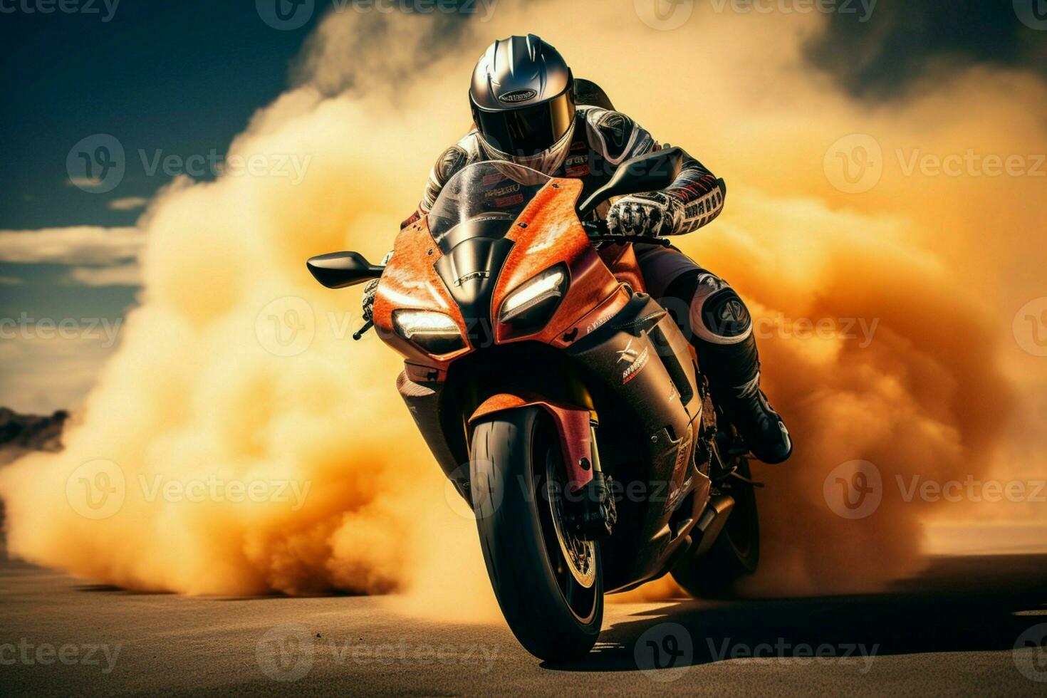 High speed race on track extreme athletes maneuver sport motorcycles with fierce determination AI Generated photo