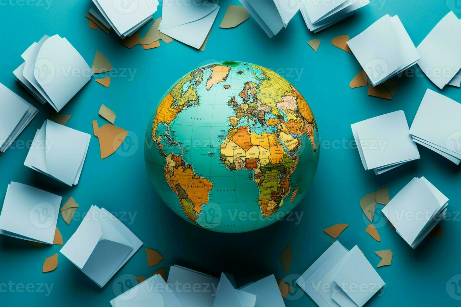 Flat lay composition A globe surrounded by scattered sheets of paper AI Generated photo