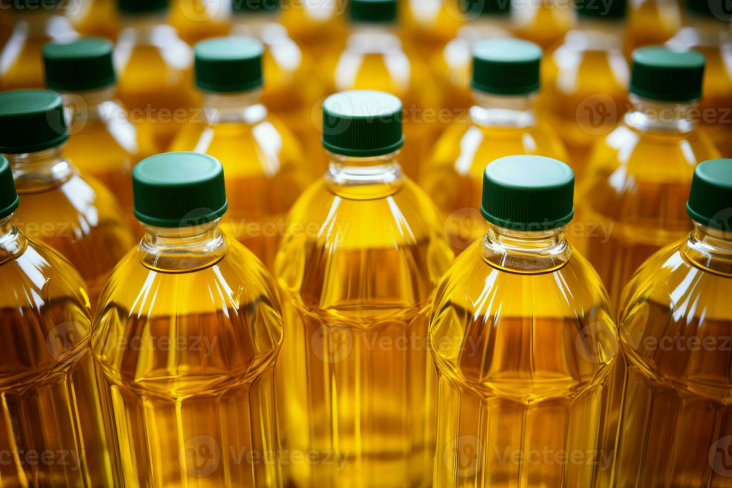 un modelo de vegetal petróleo botellas en un almacén o comida Tienda fondo ai generado foto