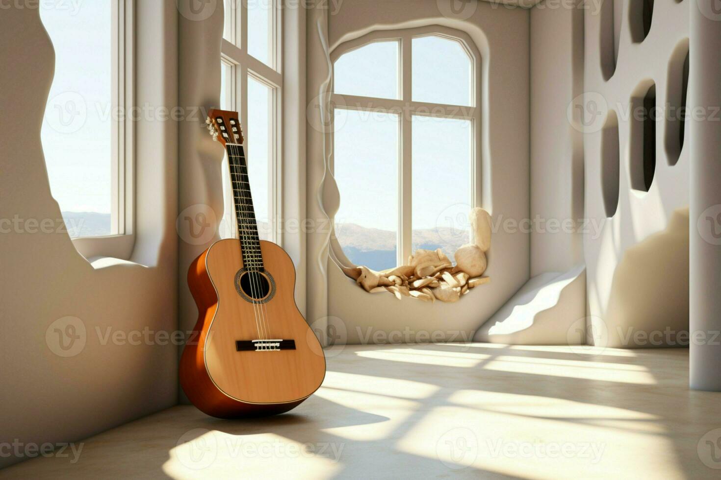 A digital masterpiece intertwines guitar, interior, and geometric architecture through rendering. AI Generated photo