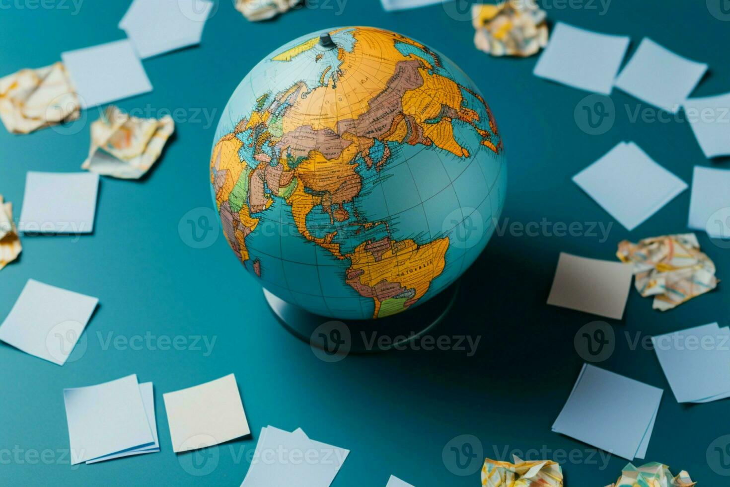 Flat lay view of a globe and paper sheets AI Generated photo