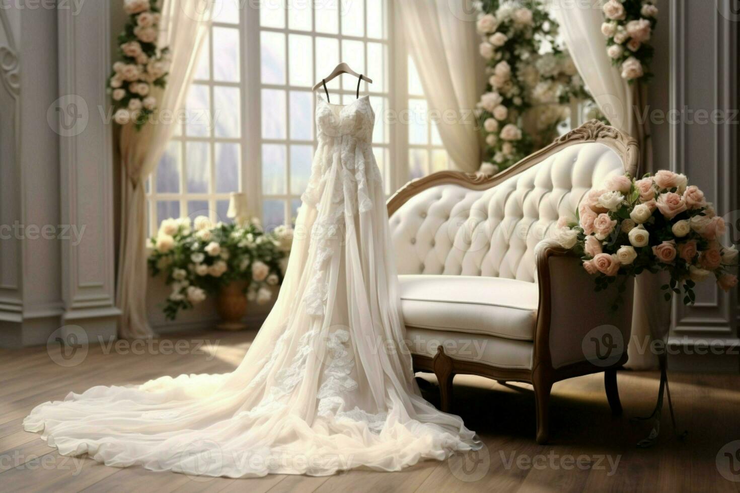 Enchanting room scene features elegant wedding elements dress, shoes, and bouquet AI Generated photo