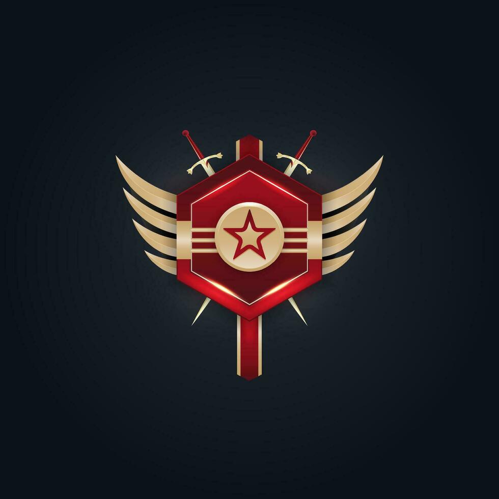 gold and red hexagon with swords logo design vector