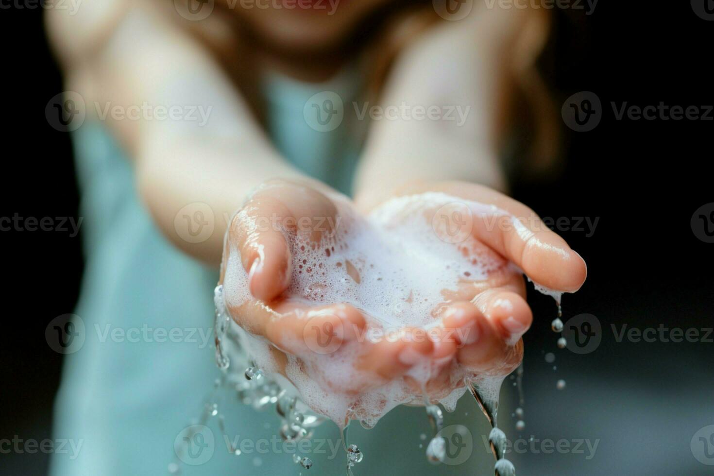 niños manos enjabonado con suave, fragante jabonoso espuma, un imagen de limpieza ai generado foto