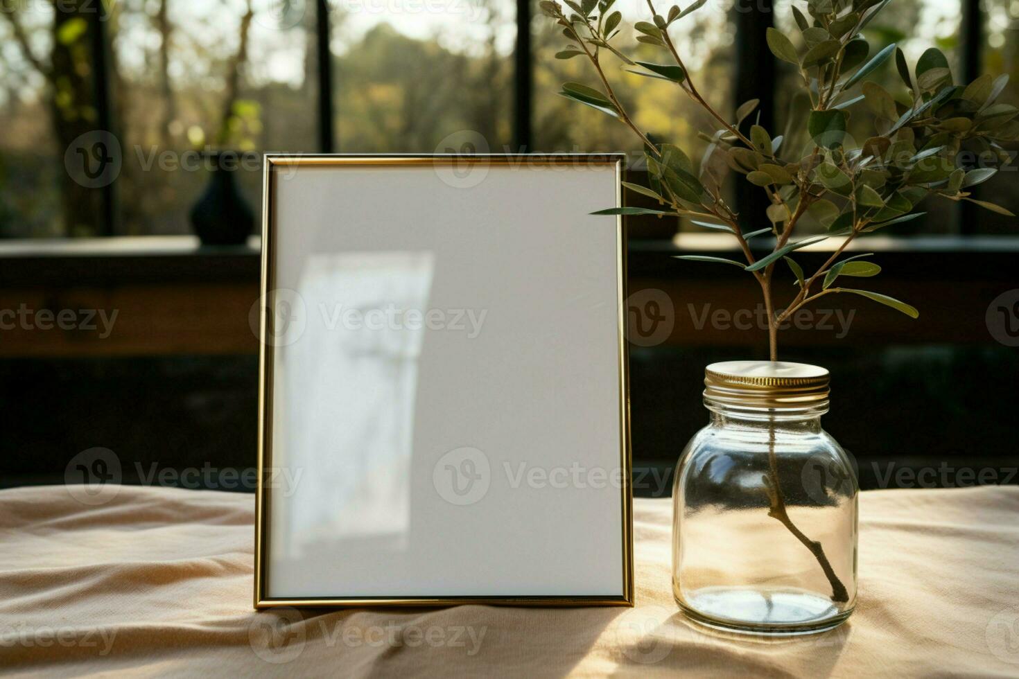 Clear glass container paired with a blank picture frame, a story untold AI Generated photo