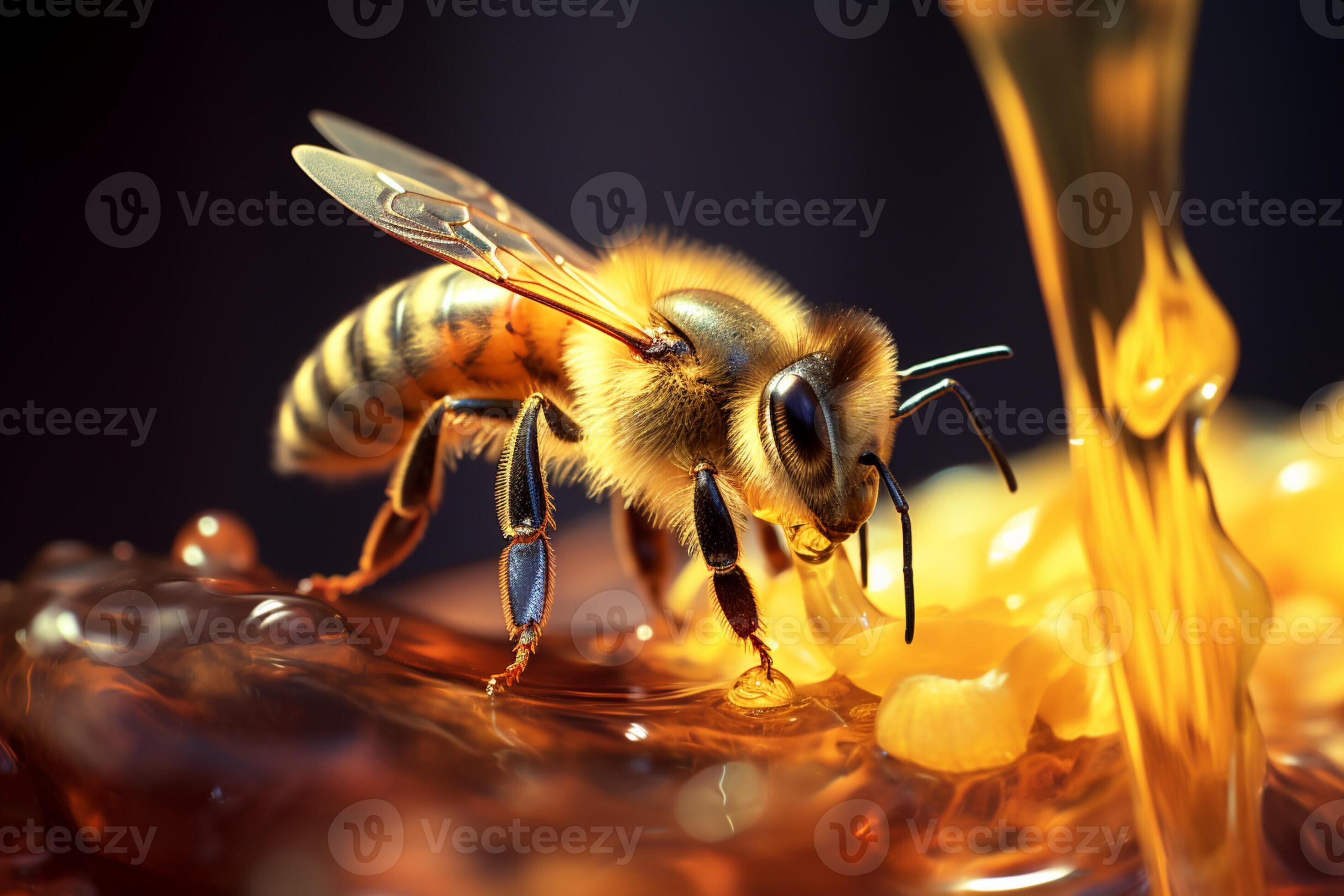 In flight, a bee graces a jar, honey glistening in delicate drops AI Generated 29325508 Stock