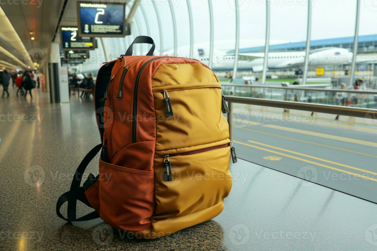 aeropuerto escena un viajeros negrita rojo mochila agrega un popular de color ai generado foto