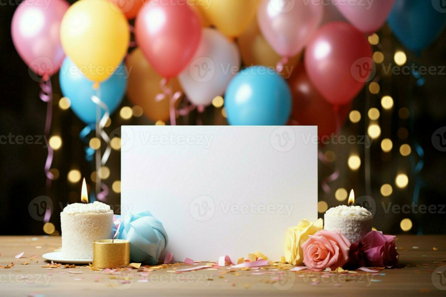 Vibrant birthday party card featuring balloons, cake, candles, gift box, and flag AI Generated photo