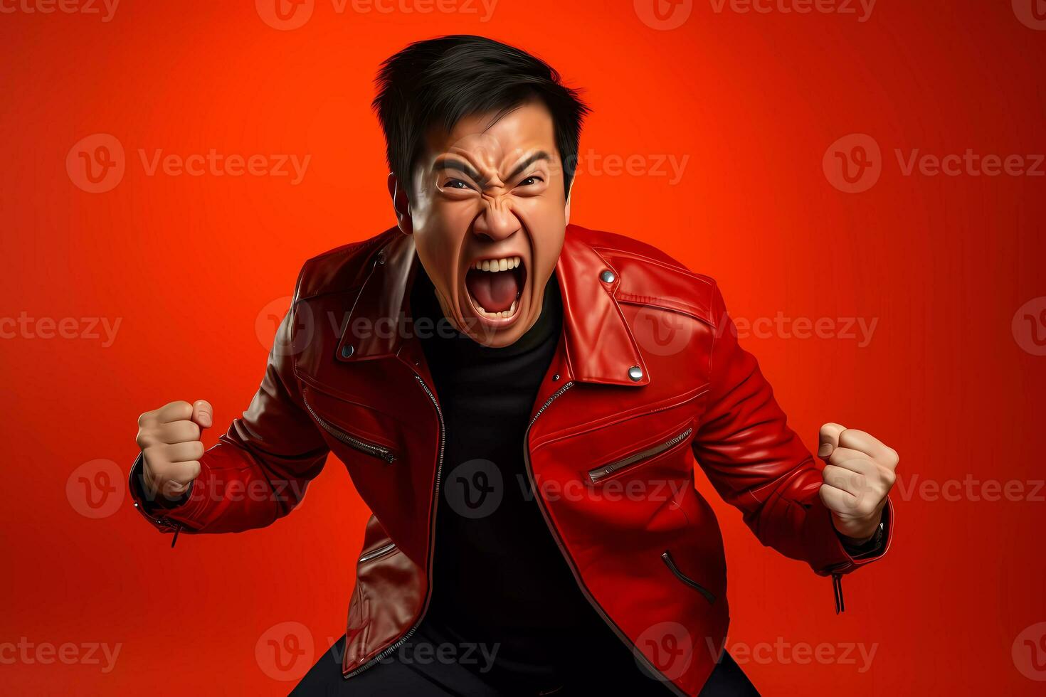 annoyed man gestures angrily, expresses negative emotions with mouth widely opened. Angry expression photo