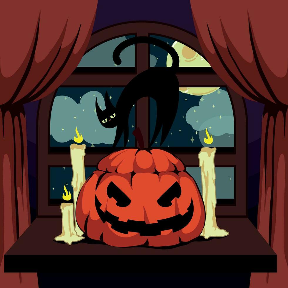 cute unlucky black kitten posing on top of a halloween pumpkin vector