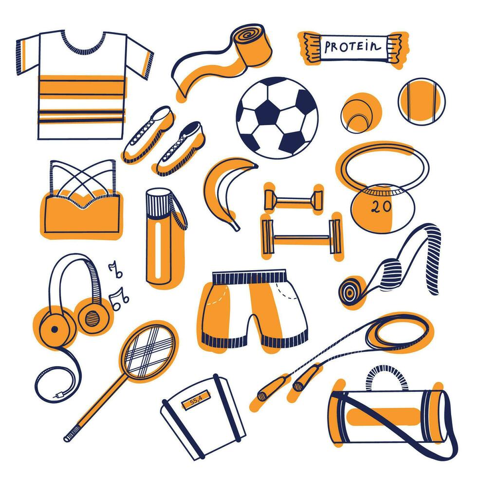 Set of vector illustrations isolated on white background. Sports equipment, clothes, banana and protein bar, headphones, water bottle, scales. All elements are drawn in dark blue and orange.