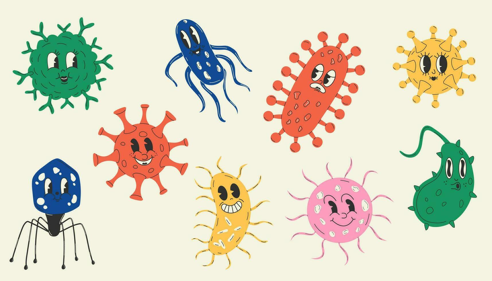 Set of Cute Cartoon bacteria, virus character. Old animation 60s 70s, funny cartoon characters. Trendy illustration in retro style. vector