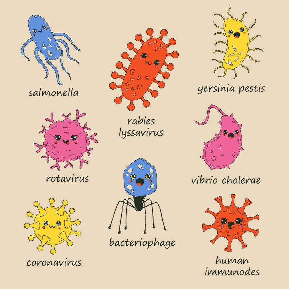 conjunto de linda dibujos animados bacterias, virus personaje con nombres antiguo animación 60s años 70, gracioso dibujos animados caracteres. de moda ilustración en retro estilo. vector