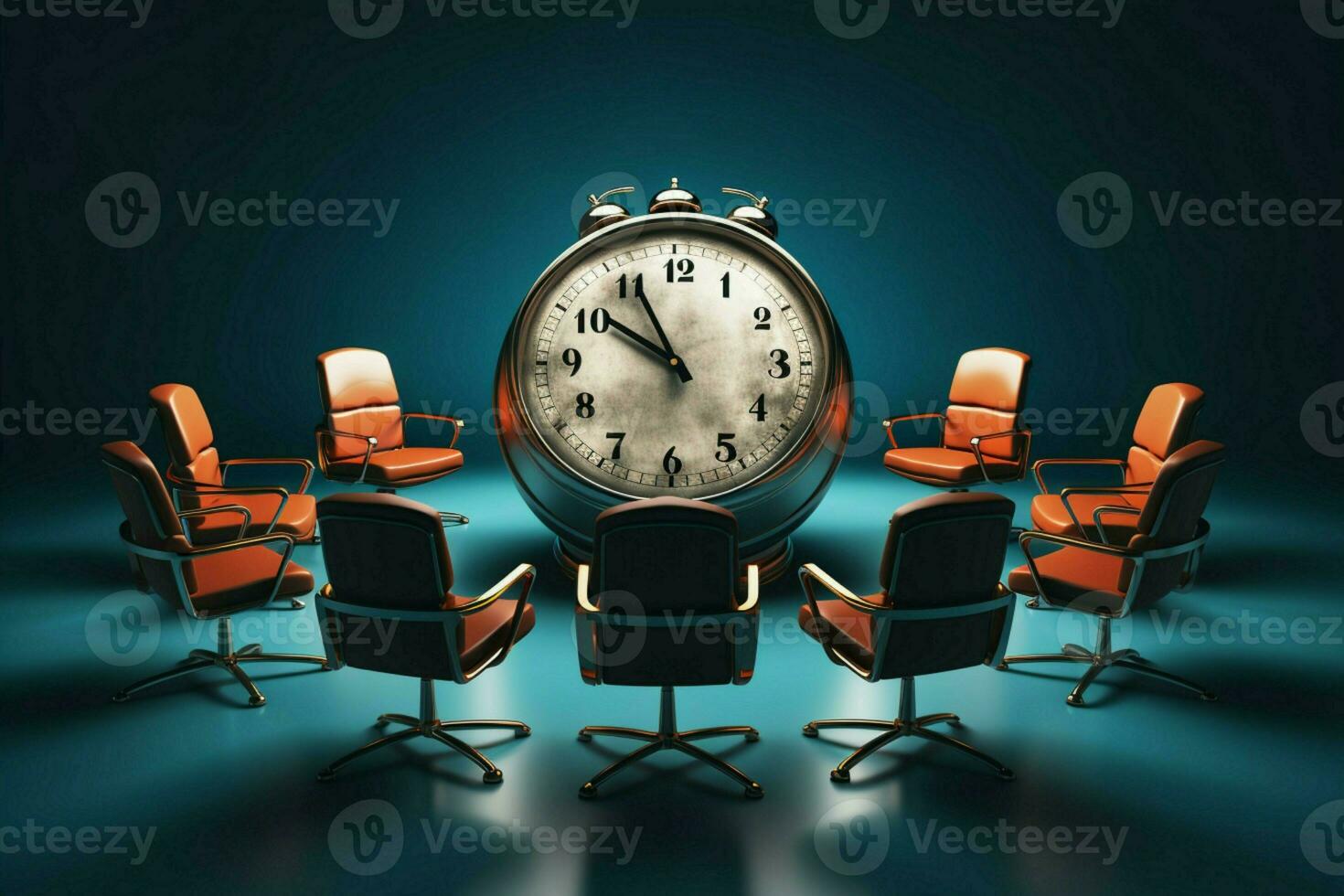 3D rendering Chairs accompanied by clock, in a thoughtfully crafted illustrative scene. AI Generated photo