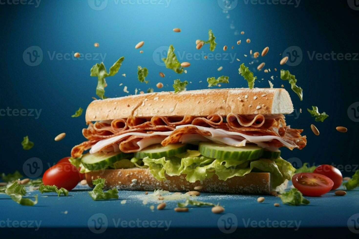 Artistic flair A classic American sandwich in flight on a light blue background AI Generated photo