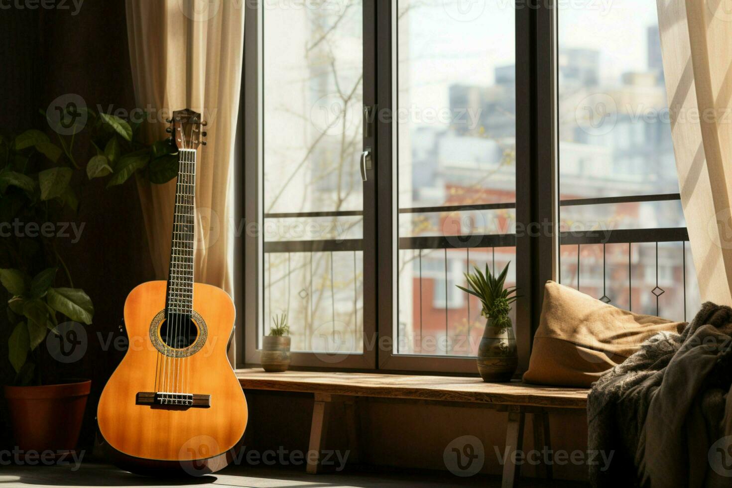 In an urban apartment, a classical guitar adds timeless charm to modernity. AI Generated photo