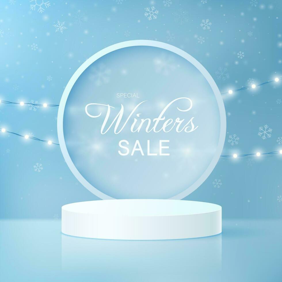 Round winter podium on a blue background with falling snowflakes and garlands. vector