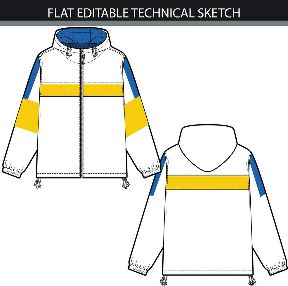Hooded jacket, technical drawing, with long sleeves, oversized body, long sleeves, Flat apparel template front, back, white color style. Women, men, unisex CAD mockup vector