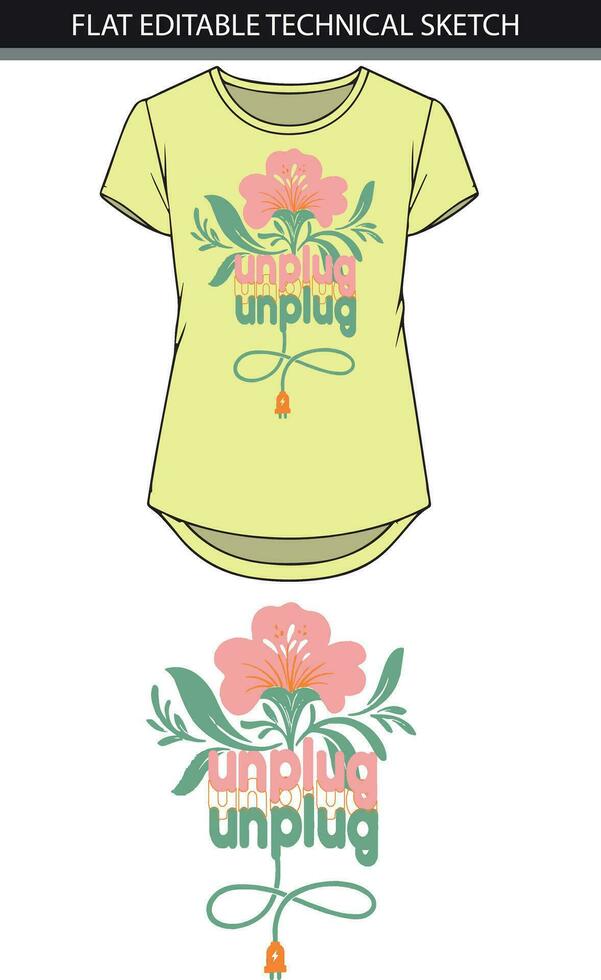 T-shirt print design with unplugged lettering and hibiscus graphic. vector