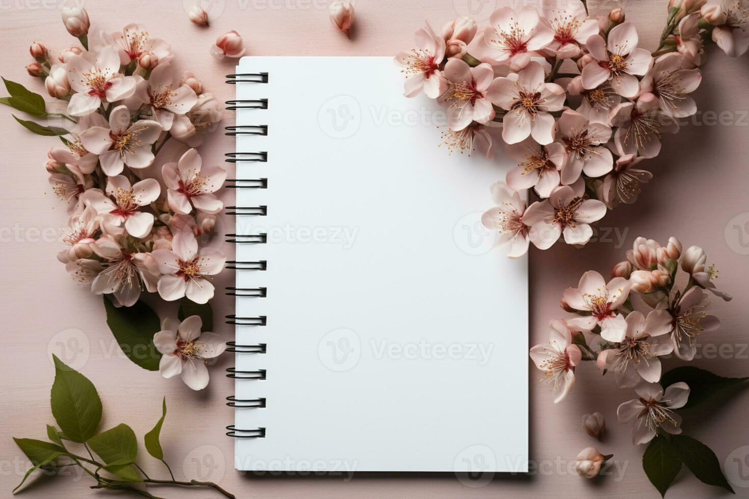 Fresh flowers, coffee, and notepad arranged on a white background AI Generated photo