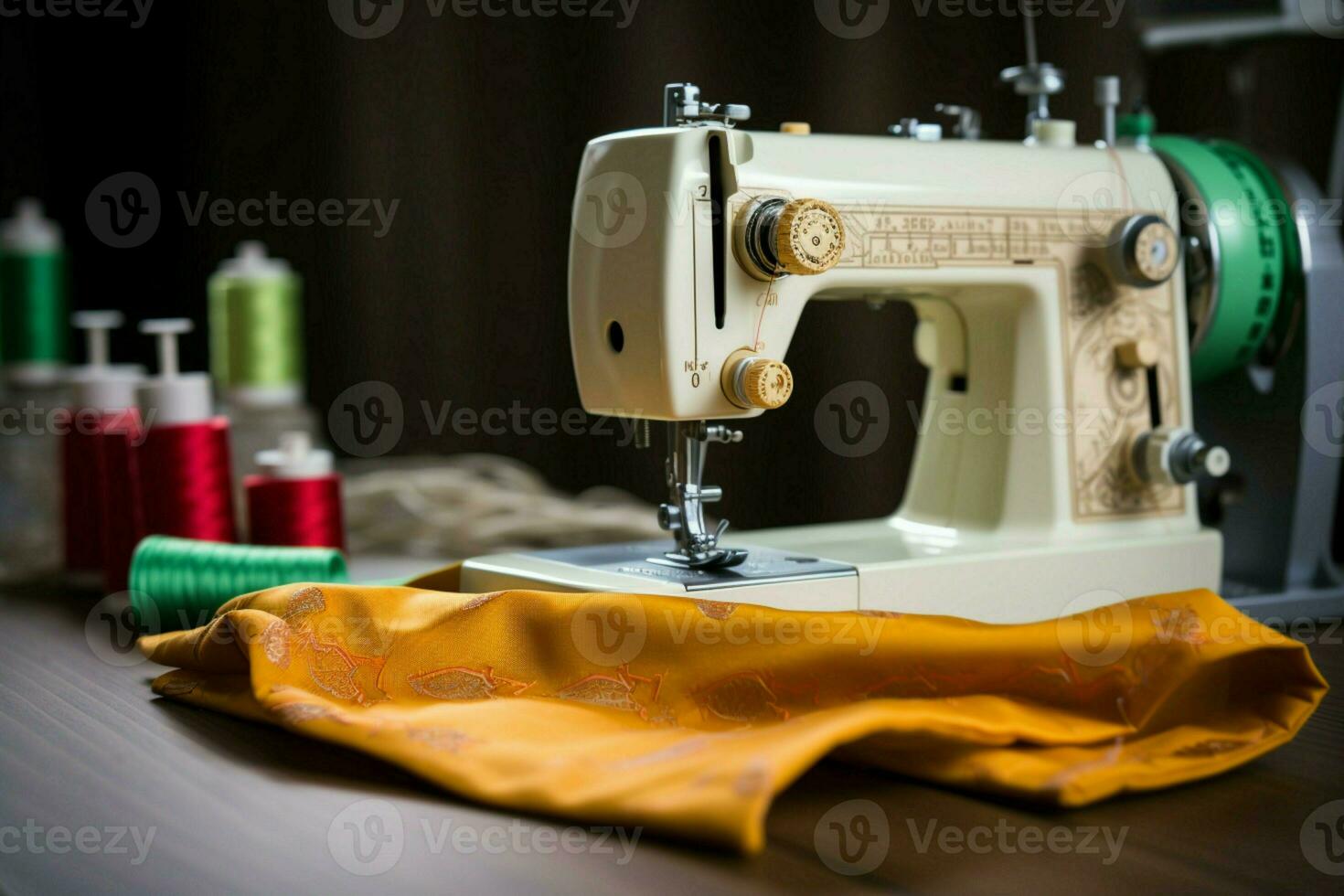 Close up of a sewing machine in action, with fabric and threads AI Generated photo