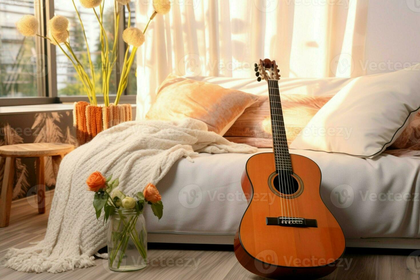 A guitar adorns the modern, inviting interior of the cozy living room. AI Generated photo