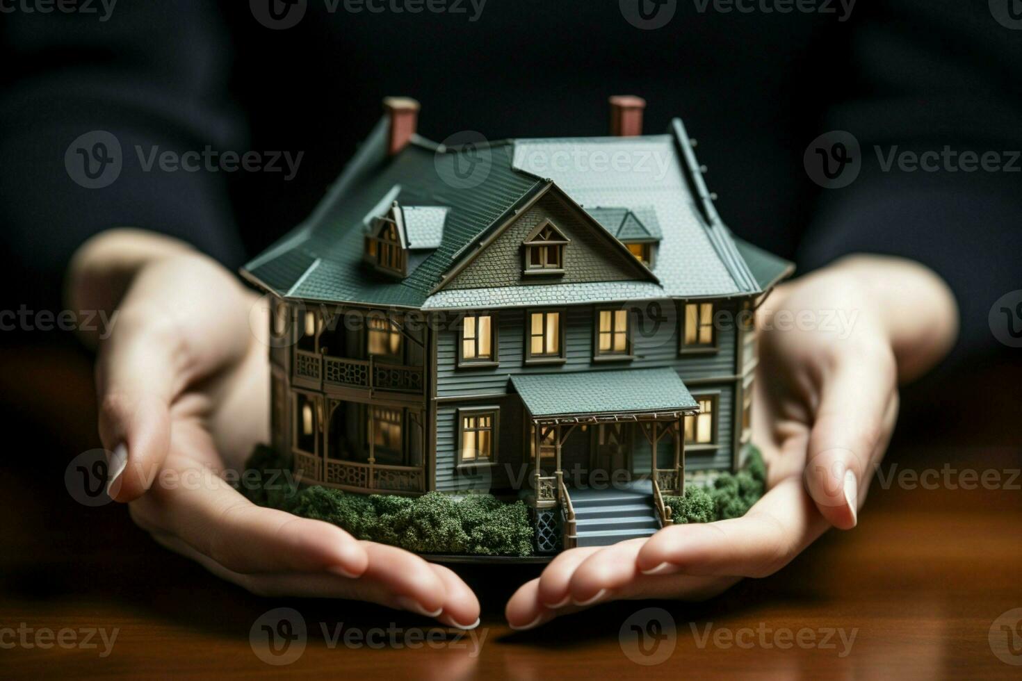 House model symbolizes protection, female hands atop for added security an insurance commitment AI Generated photo