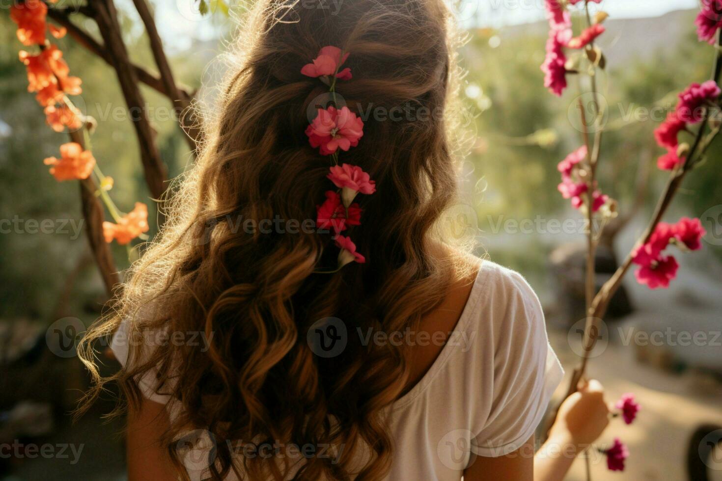 Amidst flowers, back view woman swings outdoors, her hair dancing in natures embrace AI Generated photo