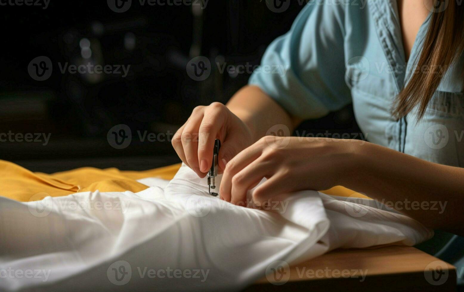 A seamstress hands artfully stitch cotton fabric with a manual sewing needle AI Generated photo