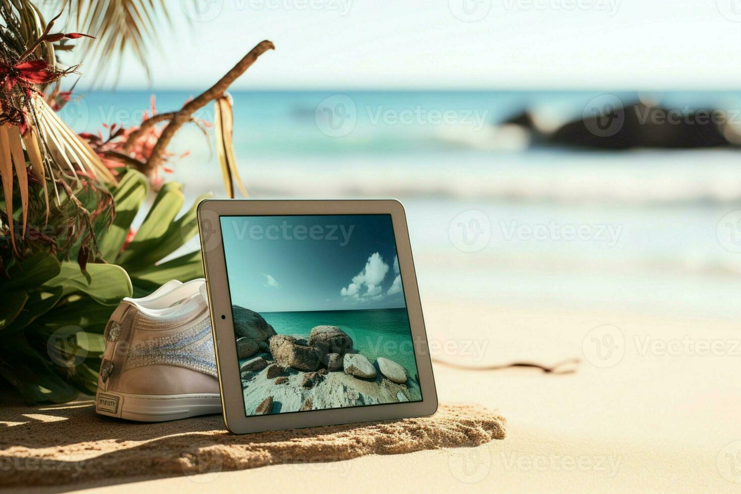 Coastal tech Close up on digital tablet with a captivating beach setting AI Generated photo