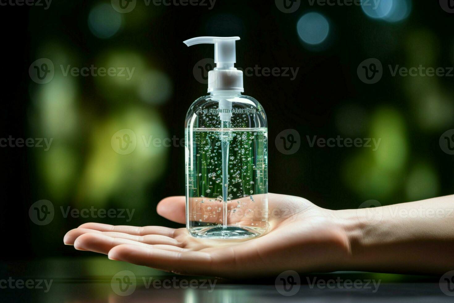 Clear bottle, male hand Antiseptic gel dispensed for germ free cleanliness AI Generated photo