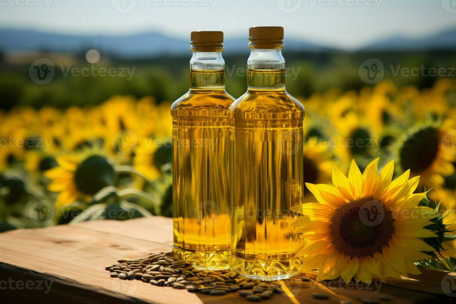 Sunflower oil bottle in focus against a vibrant sunflower field backdrop AI Generated photo