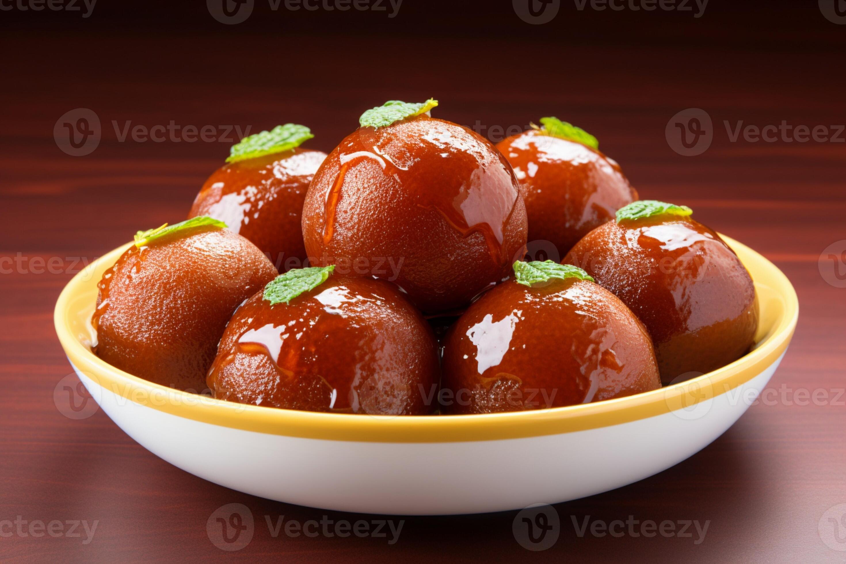 Tempting treat Gulab jamun in a pristine white bowl, an indulgent sweet
