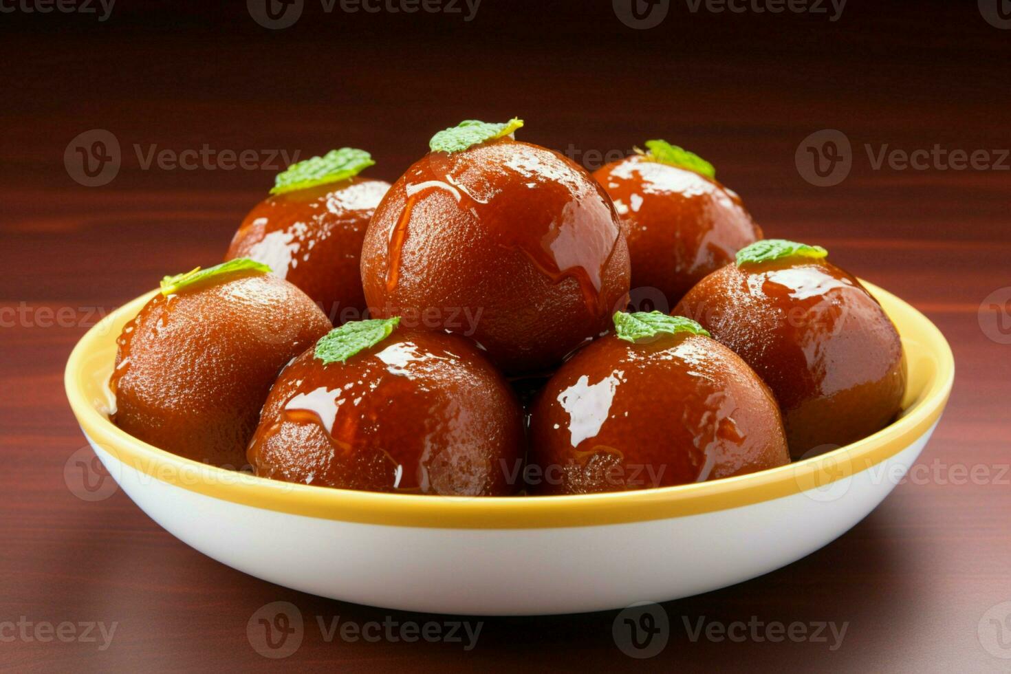 tentador tratar gulab jamun en un prístino blanco bol, un indulgente dulce plato ai generado foto